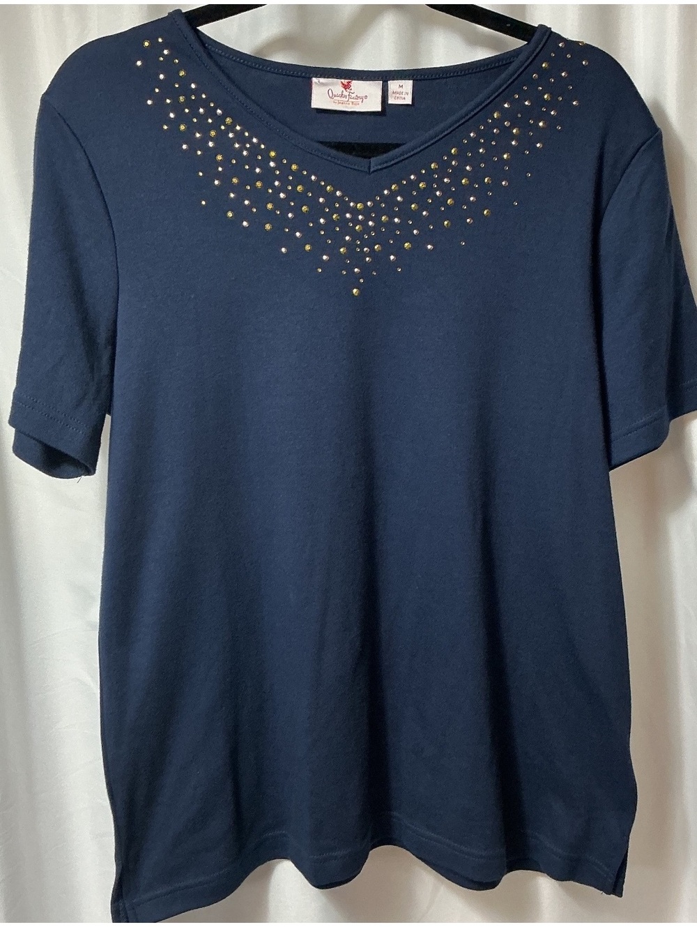 Quacker Factory Jeanne Bice Navy Blue Rhinestone V Neck Top M Embellished Work